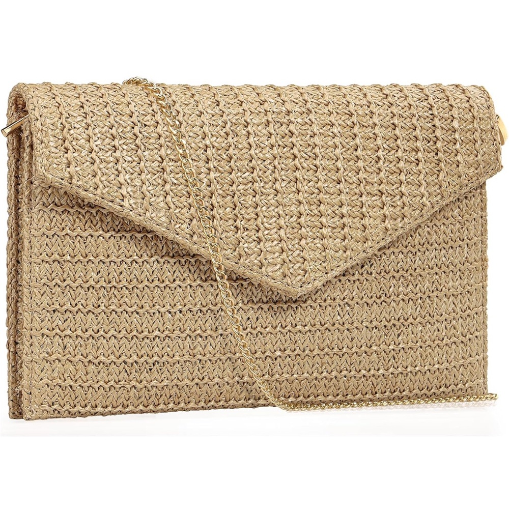 NWT Elegant Tan Straw Woven Clutch Handbag Convertible